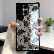 1ชิ้น เคสโทรศัพท์กันกระแทกดีไซน์หรูหราแฟชั่นลายดอกกุหลาบสีดำสี่เหลี่ยม (ฟิล์มเลนส์กล้อง) เข้ากันได้ก