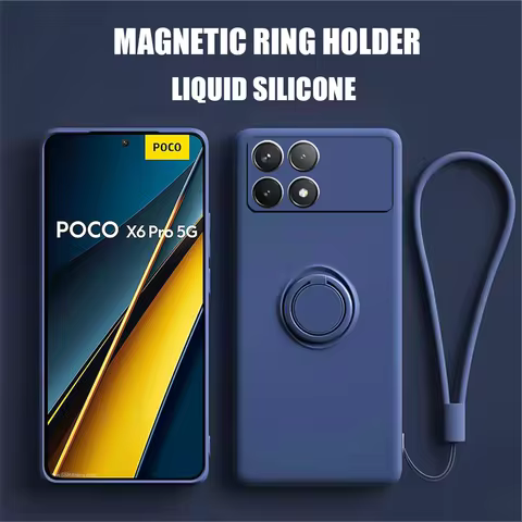 Liquid Silicone Case For POCO X6 Pro X7 X5 X4 GT X3 NFC Soft Magnetic Ring Holder Coque For POCO F5 