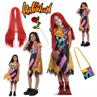 Girls Patchwork Stitched Doll Halloween Costume Sleeveless Printed Dress For Kids Carnival Spooky Ou