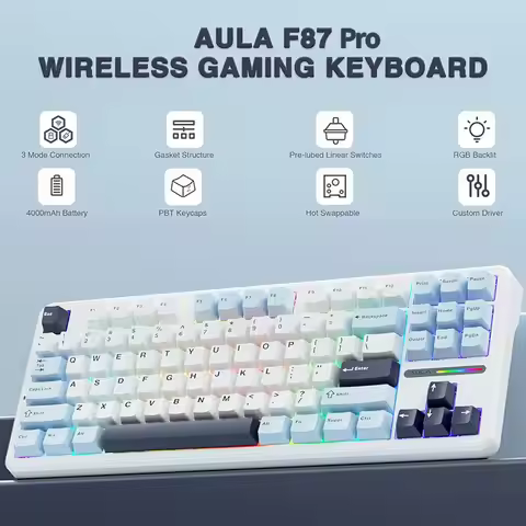 AULA F87 Pro Wireless Mechanical Keyboard TKL Custom Hot Swap PBT Gaming Keyboard W/ Grey Wood Axis 