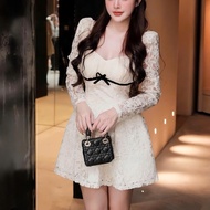 Beautiful short-form party dress with long sleeves and bow hem with thick inner lining, not afraid o