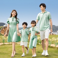 Cheongsam Fashion Green Purple Polo Family Dress Men Shirt Boy tshirt Women Girl Dress Mini Dress Family Mathing Outfits T-shirt Family Set Tees Plus Size