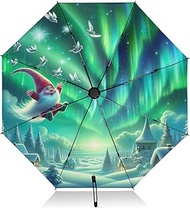 Green Aurora Cute Gnome Compact Umbrella, Lightweight Portable Auto Open Close for Women, Travel Umb