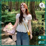 (Ready stock - with real photos) Mtee puff-sleeved shirt with cut-out waist, women's short sleeve sh