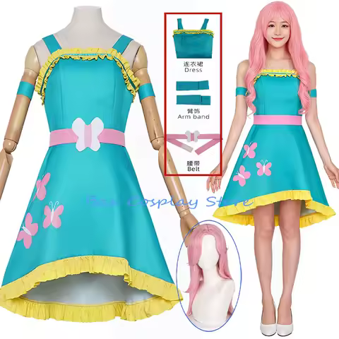 BZX Cos Fluttershy Cosplay Anime Equestria Costume Woman Dress Prop Wigs Set Halloween Party Flutter