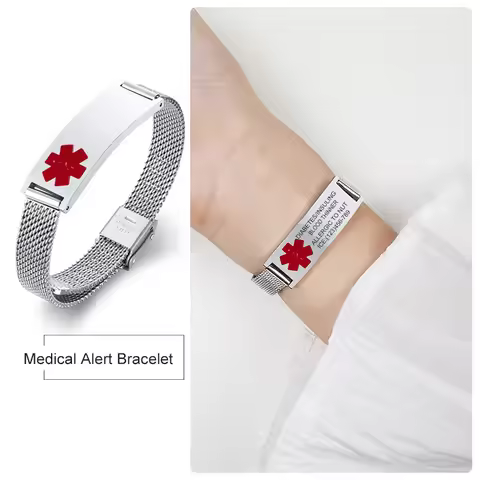 Custom Medical Alert Mesh Bracelet ID Diabetic Bracelet for Women Men Stainless Steel Personalized A