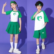 𓍝 heerleading Group Kpop Outfit Girls Boys Jazz Dance Costume Green Pink T Shirt Shorts Skirts Sta