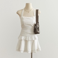 Cicishop(SET3402) Set 2 ชิ้น ลูกไม้ เสื้อเกาะอกดีเทลคล้องคอผูกโบว์หลัง กระโปรงมีซิปข้าง สม็อคหลัง มี