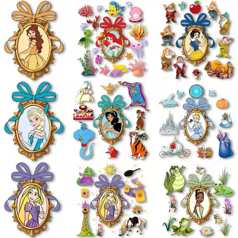 Princesses Belle Rapunzel Tiana Iron on Transfers Heat Press Stickers for Clothes Thermal Patches