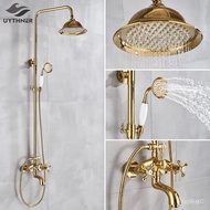 Gold Shower Faucet Bath Shower Mixer Tap 8" Rainfall Gold Shower head Bath Shower Set W/ Hand Shower Bathtub Faucet Wall