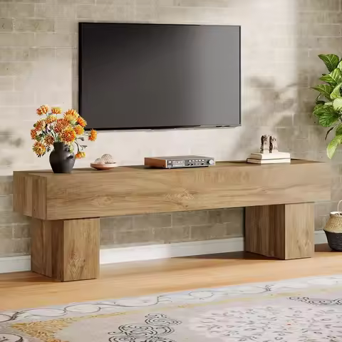LITTLE TREE 63 Inch TV Stand, Farmhouse Entertainment Center, Low TV Console Table, Long Media Conso