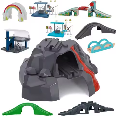 Wooden Accessories Beech Turntable Bridge Tunnel Urban Rail Overpass Traffic Car Toys set Combined T