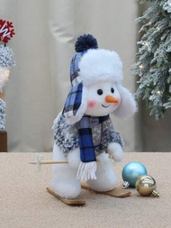 1件11英寸藍色布質雪人玩偶配滑雪板,聖誕/新年節日家居及超市裝飾擺件