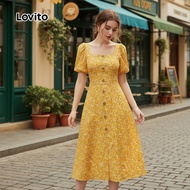 Lovito Gaun Boho Wanita Musim Bunga/Panas Berlabuh dengan Butang dan Labuhan Warna Kuning L137ED633