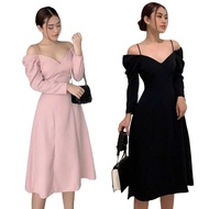 Dress Midi Hitam 1789: Gaya Korea dengan Model Sabrina Offshoulder - Gaun Pesta Warna Pink dan Hitam
