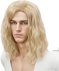 MEDISIFA Long Blonde Curly Mens Wig Shoulder Length Wavy Men Wigs for Man Male Hippie 60s 70s Them Party Cosplay Costume Anime Men Wig