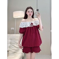 JUSOKA Home Sleepwear Set Lace Collar with Bow Off Shoulder Super Cute Rice Lining DU08 Many Cute Co