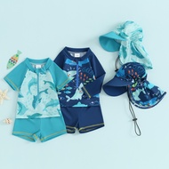 【Forever CY Baby】Baby Kids Boys Rash Guard Set, Short Sleeve Shark Dolphin Print Top with Shorts Hat Swimsuit Summer Swimwear