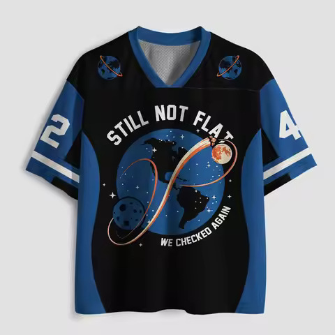 V Neck Football Jersey Planet Earth Moon Star Space Graphic Slogan Print Blue Black Striped Sleeve L