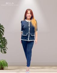 B-S47 PLUS SIZE SET ชุดเซ็ทสาวอวบ ชุดเซ็ท 2ชิ้น (เสื้อ + กางเกงขายาว) ผ้ายืดวูลเวฟ (XLอก42-46” เอว 3