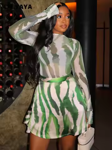 CM.YAYA Tie Dye Printed Women's Set Long Sleeve O-neck T-shirt and A-line Midi Skirts 2025 Two 2 Pie