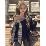 Mamba Cotton Korean Style Plaid Bow Slanted Shoulder Long-Sleeved Sweatshirt Women Autumn Casual Loo