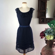 🇸🇬 Local Fashion Label - Navy Blue Textured Dots Frill Neckline Shift Dress