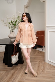 พร้อมส่ง เสื้อซีทรูแขนยาวระบายหน้า งานป้ายvshopbrand