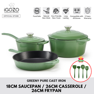 iGOZO Greeny Pure Cast Iron Cookware (18cm Saucepan / 26cm Casserole Pot / 26cm Frying Pan) [FREE Silicone Turner / Silicone Slotted Turner / Silicone Soup Ladle / Silicone Skimmer)