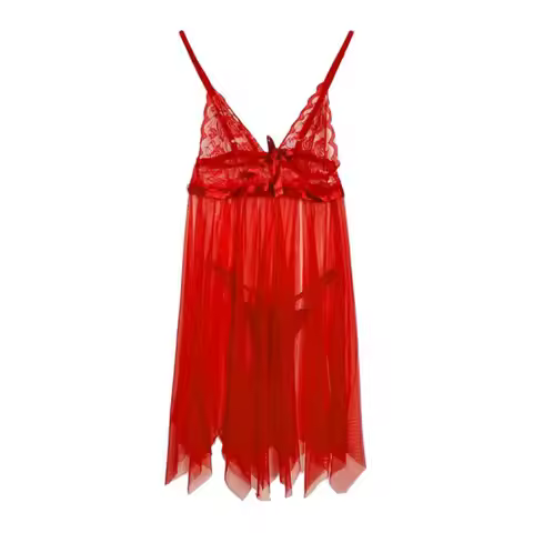 Pajamas Bowknot Lace Mesh Nightgown Transparent Thin Sleeveless Nightwear T-back Thong Deep V Neck W