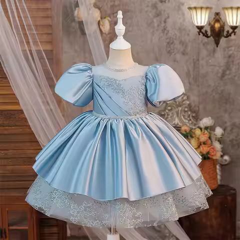 New Girls Princess Birthday Blue Dress Children Puff Sleeve Embroidered Satin Wedding Dress Little G