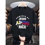 Black Men's Cotton T-Shirt with "Powered by Jesus Adobo&Rice" Print,Skin-friendly&Casual,Ideal for U