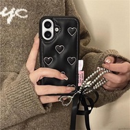 Ins Korean Luxury Leather Dashed Line Love Heart Bow Pendent Phone Case For iPhone 16 15 14 13 12 Pr