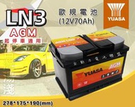 全動力-湯淺 YUASA LN3-AGM 12V70AH 歐規電池 免加水 起停車適用 高性能電池