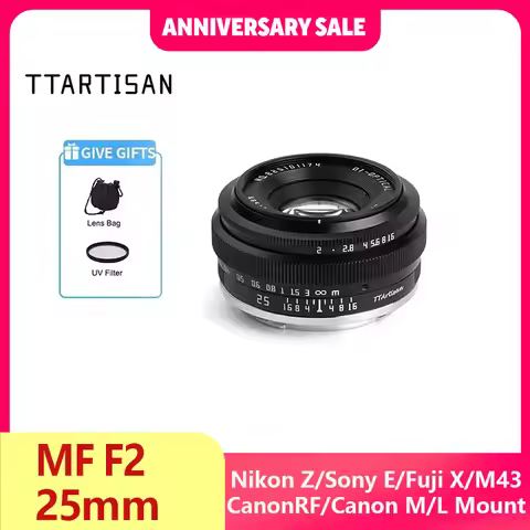 TTArtisan 25mm F2 MF Mirrorless Camera Lens for Canon RF Nikon Z Sony E Fujifilm XF Panasonic Olympu