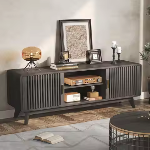 IRONCK 63'' TV Stand for TVs Up to 70", TV Console with 2 Sliding Doors in Grille Design & Charging 