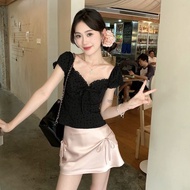Cool Girl Black Lace Short Sleeve Top Sweet Girl Women's Summer Ribbon Skirt Set