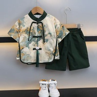 【Spot goods 】Boys Hanfu Suit 2024 Chinese Short-Sleeved Children Two-Piece Suit Tang Suit Chinese St