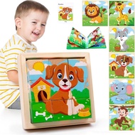 Wooden Animals Block Puzzles for Kids, Ages 2-4, 6-in-1 Montessori Educational Toys with Book, Jigsa