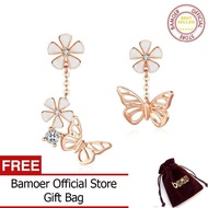 BAMOER ต่างหูผีเสื้อและดอกไม้ S925ต่างหูเคลือบลายดอกไม้ไม่เท่ากันต่างหูห้อยเงินแท้925เครื่องประดับสำ