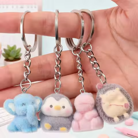 Flocking Cute Hippo Elephant Hedgehog Keychains For Friend Gift Resin Cartoon Lovely Fluffy Penguin 
