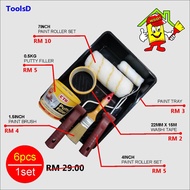 6 PCS / SET PAINT ROLLER 4'' & 7'' / HANDLE 4'' & 7''/PUTTY FILLER 0.5KG/WASHI TAPE YELLOW/BRUSH 1.5