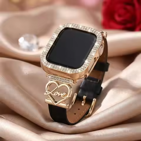watch band+case for Apple Watch 40/41/44/45/42/46mm, elegant Love strap+sparkling diamond protective
