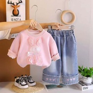 Pakaian setelan anak perempuan import premium Baju motif Kelinci Lengan panjang Celana Jeans panjang