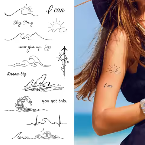 2pcs Simple Sketch Mountain Waves Temporary Tattoo Stickers Waterproof Black Line Peak Waves Design 