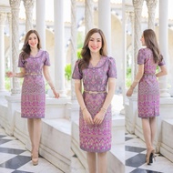 เดรสผ้าไหมแกมฝ้ายระบายคอ ทอลายสวยสุดๆ อัดกาวทั้งชุด ชุดนี้สวยยืนหนึ่งไปเลยค่ะ (S-2XL) KS404