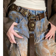 Western Retro Belt Denim & Leather Crossover Belt Distressed Y2K Cowboy Belt for Women Cowgirl Aesth