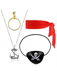 4入組海盜服饰配件套裝,包括骷髏草花海盜眼罩、紅色海盜頭巾、海盜項鍊和海盜金環耳環,適用於萬聖節用品、海盜派對cosplay