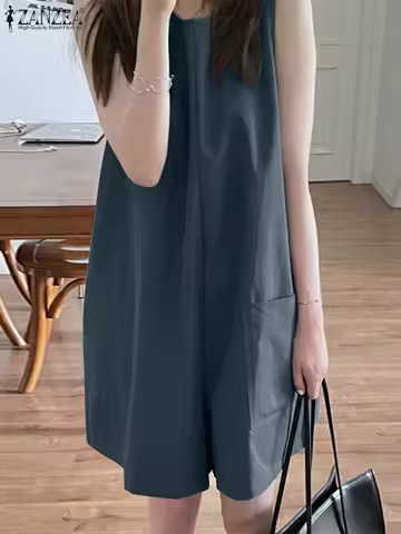 ZANZEA Women O Neck Sleeveless Jumpsuit Fashion Solid Short Rompers Casual Loose Holiday Overalls Su