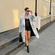Women's Luxury White & Gray Leopard Print Faux Fur Coat, Elegant Long Sleeve Fluffy Jacket, Fashiona